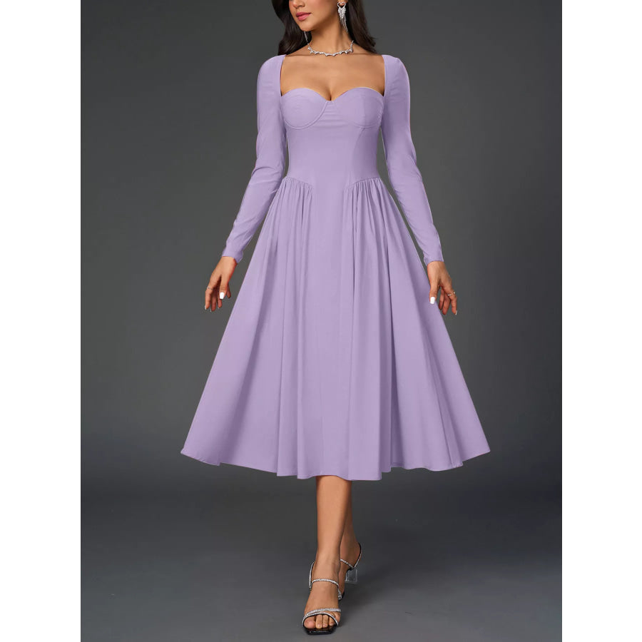 Sweetheart Neckline Long Sleeve A-Line Midi Dress Lilac Purple / XS Apparel and Accessories