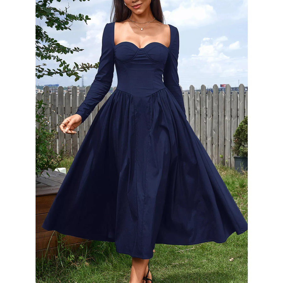 Sweetheart Neckline Long Sleeve A-Line Midi Dress Navy Blue / XS Apparel and Accessories