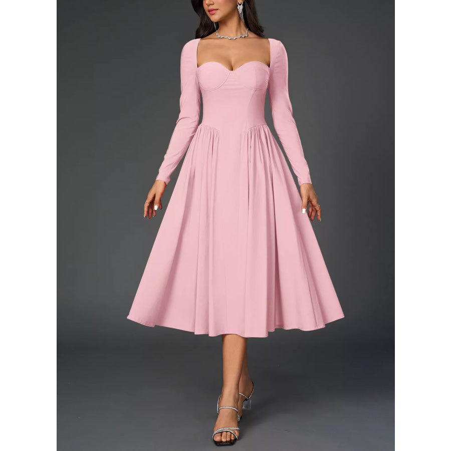 Sweetheart Neckline Long Sleeve A-Line Midi Dress Pink / XS Apparel and Accessories