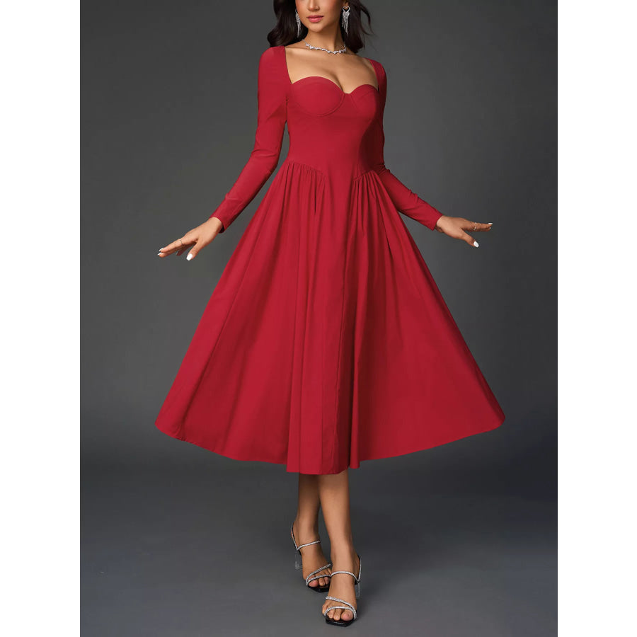 Sweetheart Neckline Long Sleeve A-Line Midi Dress Red / XS Apparel and Accessories