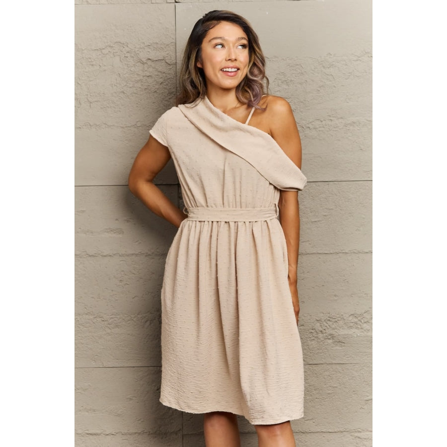 Swiss Dot Asymmetrical Neck Dress