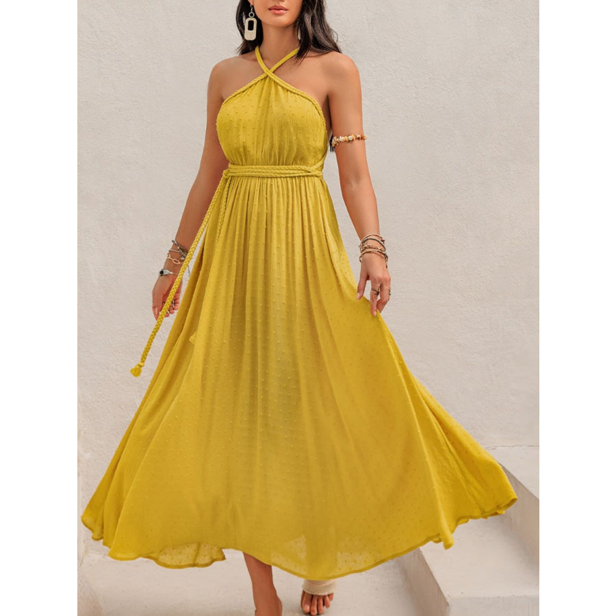 Swiss Dot Backless Sleeveless Maxi Dress Mustard / S Apparel and Accessories