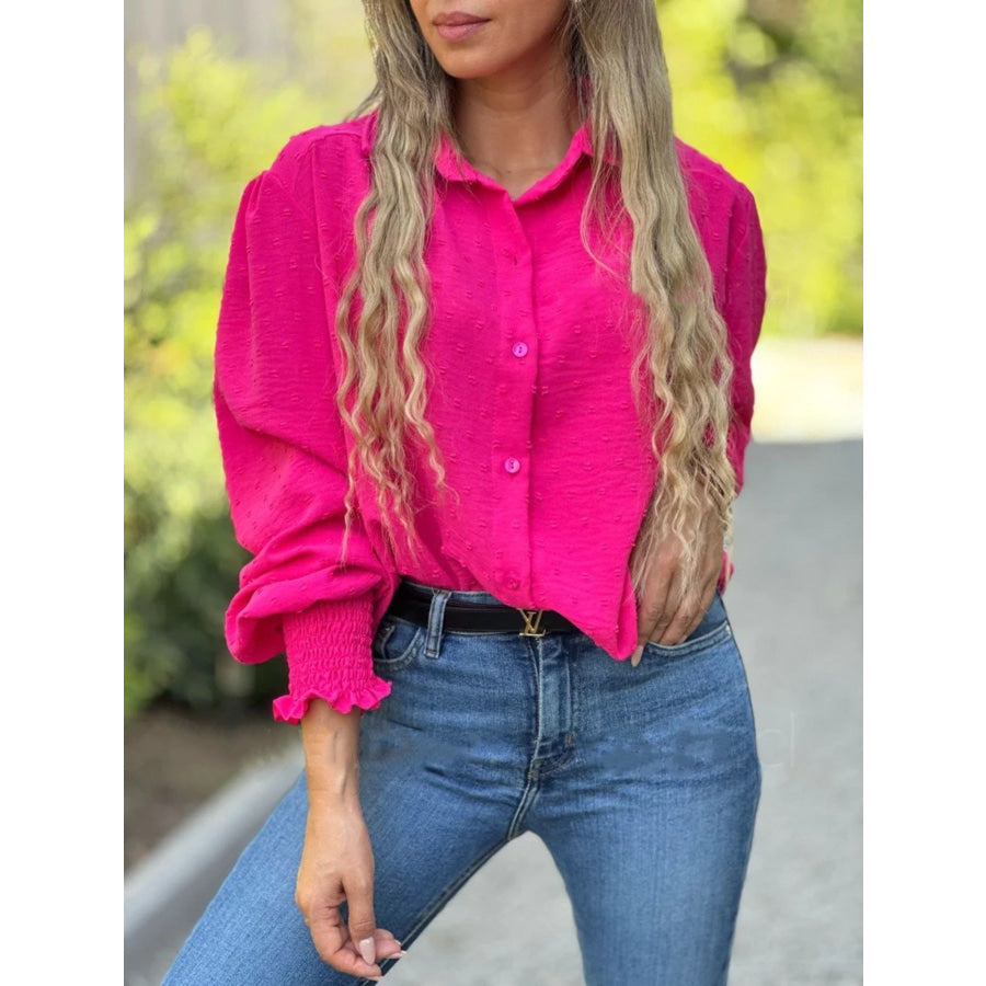 Swiss Dot Button Down Shirt Hot Pink / S Apparel and Accessories