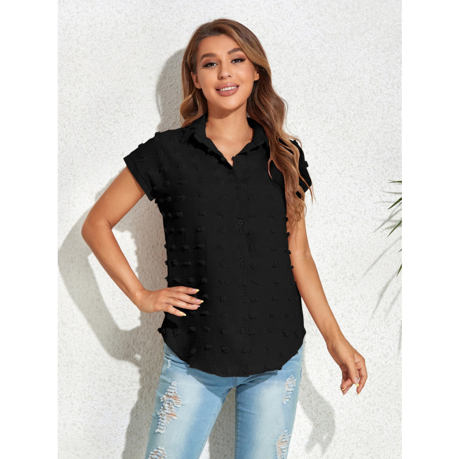 Swiss Dot Button Up Cap Sleeve Shirt Black / S Apparel and Accessories