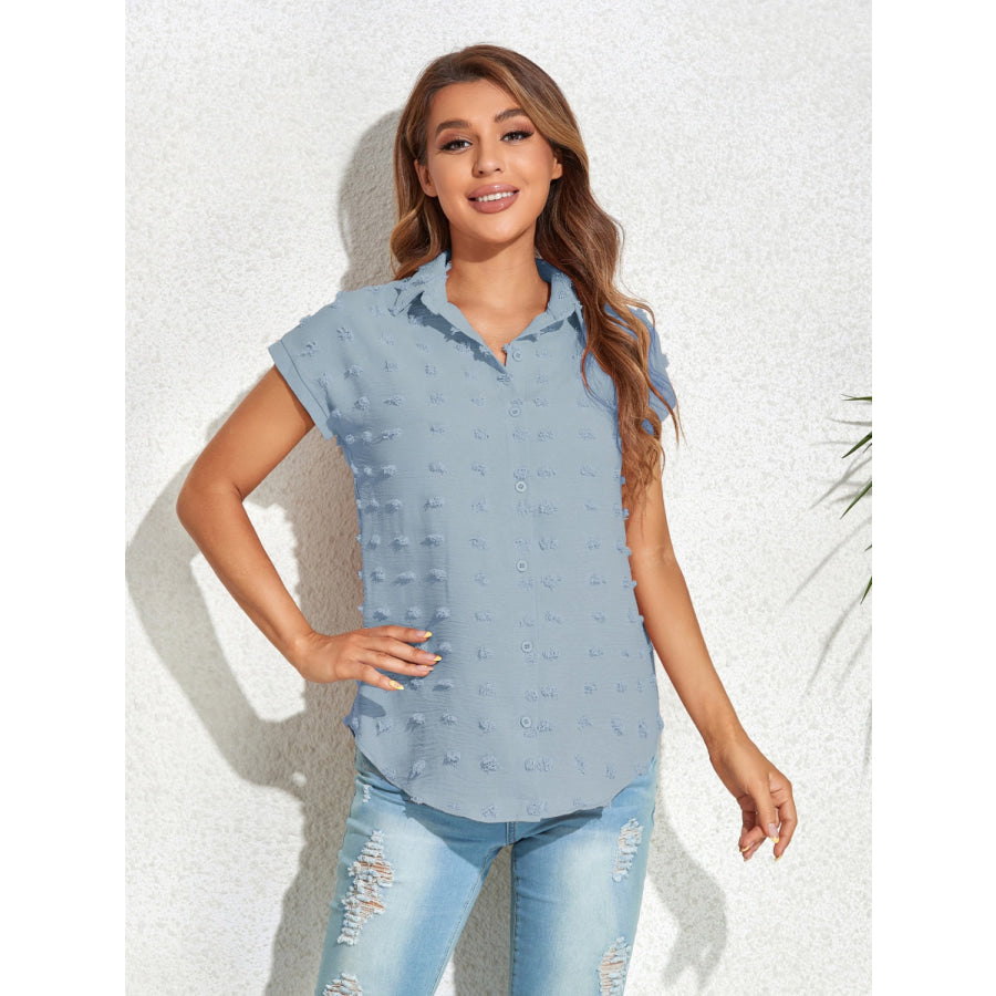 Swiss Dot Button Up Cap Sleeve Shirt Misty Blue / S Apparel and Accessories