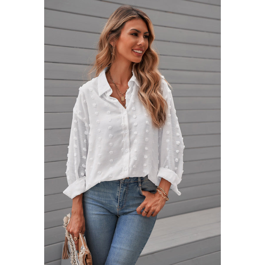 Swiss Dot Button Up Long Sleeve Shirt White / S Apparel and Accessories