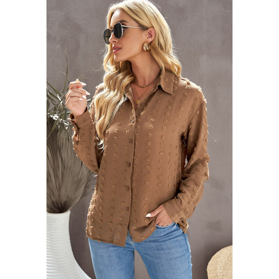 Swiss Dot Button Up Long Sleeve Shirt Apparel and Accessories