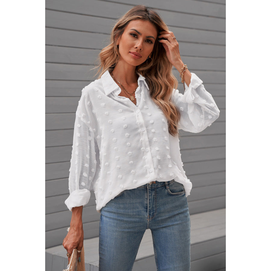 Swiss Dot Button Up Long Sleeve Shirt White / S Apparel and Accessories