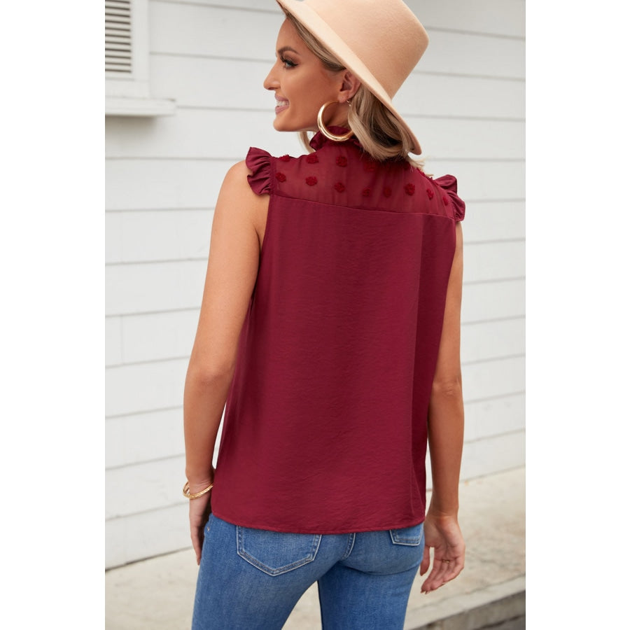 Swiss Dot Buttoned Ruffle Trim Tank