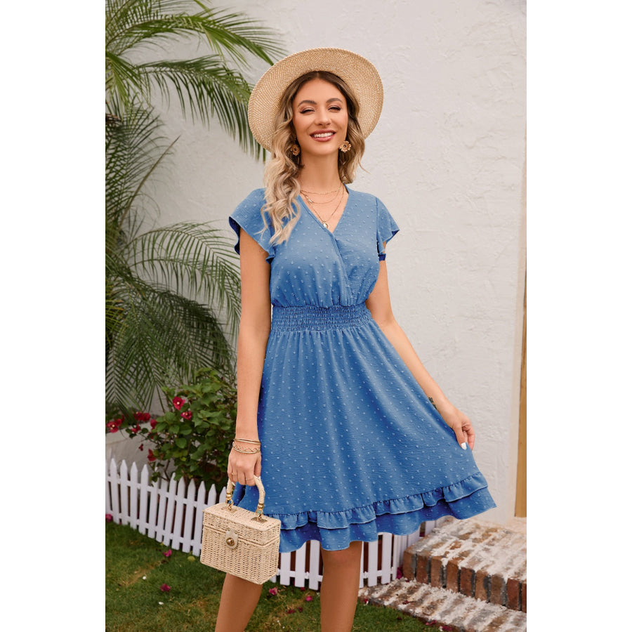 Swiss Dot Cap Sleeve Dress Dusty Blue / S Apparel and Accessories