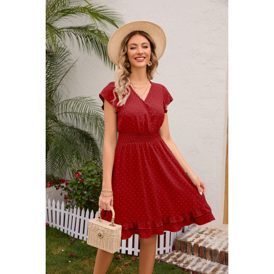 Swiss Dot Cap Sleeve Dress Wine / S Apparel and Accessories