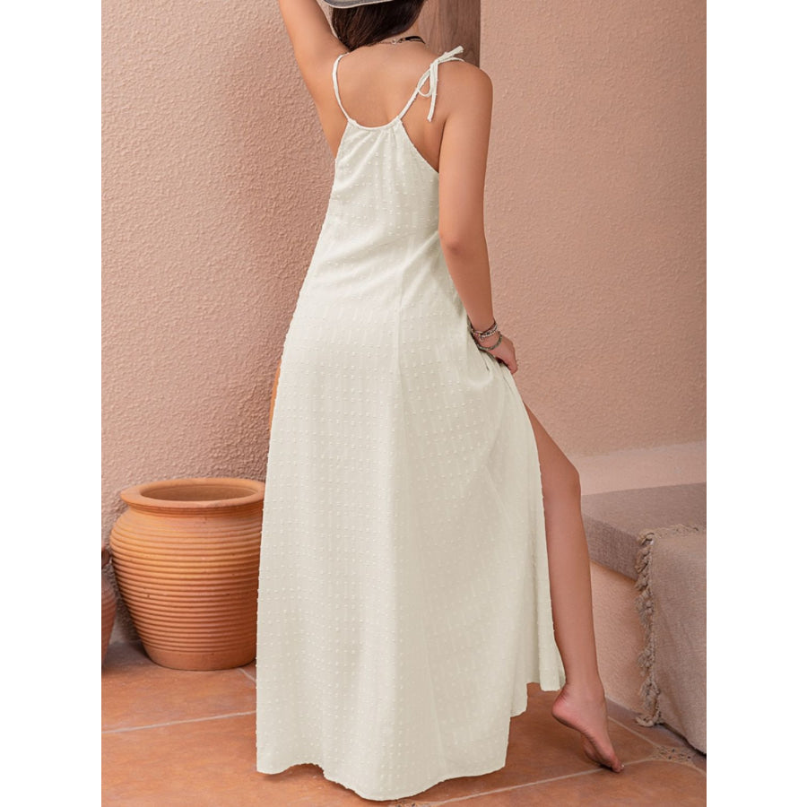 Swiss Dot Cutout Sleeveless Maxi Dress Beige / S Apparel and Accessories