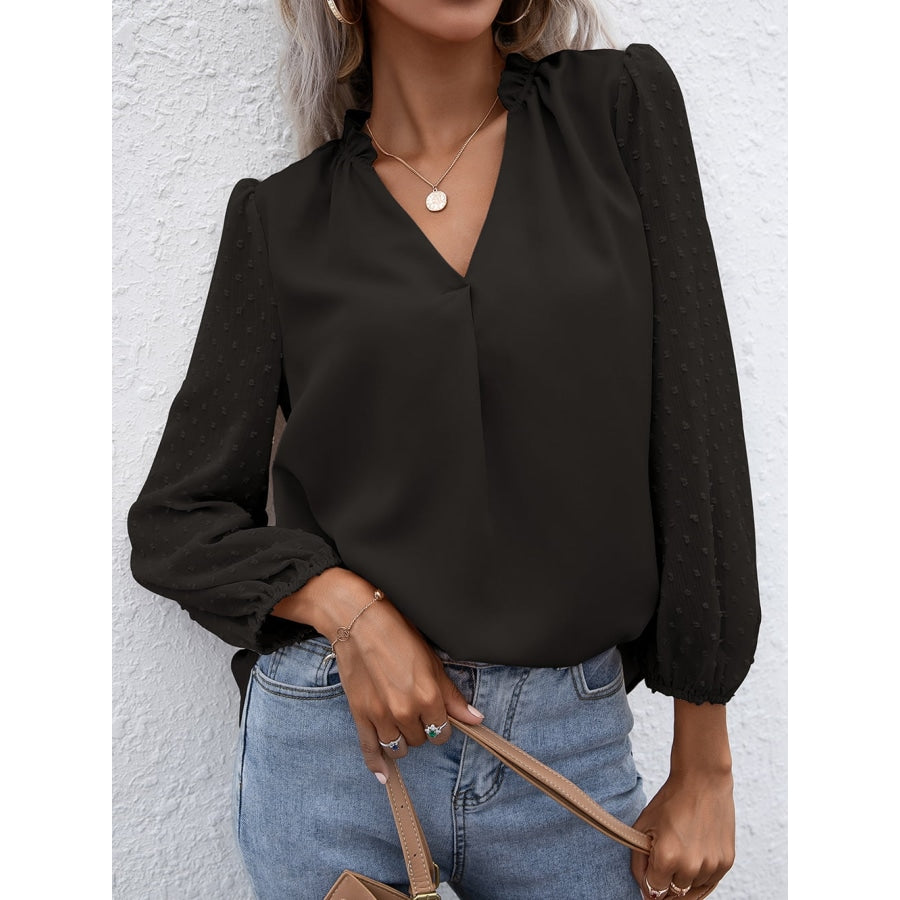 Swiss Dot Frill Trim Puff Sleeve Blouse