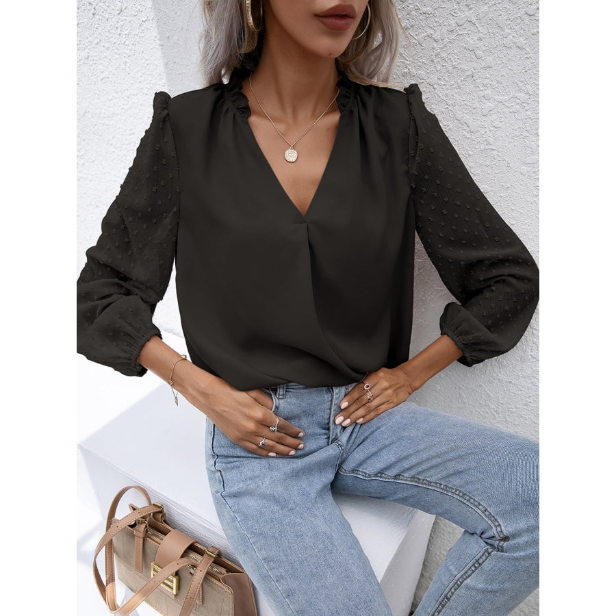 Swiss Dot Frill Trim Puff Sleeve Blouse