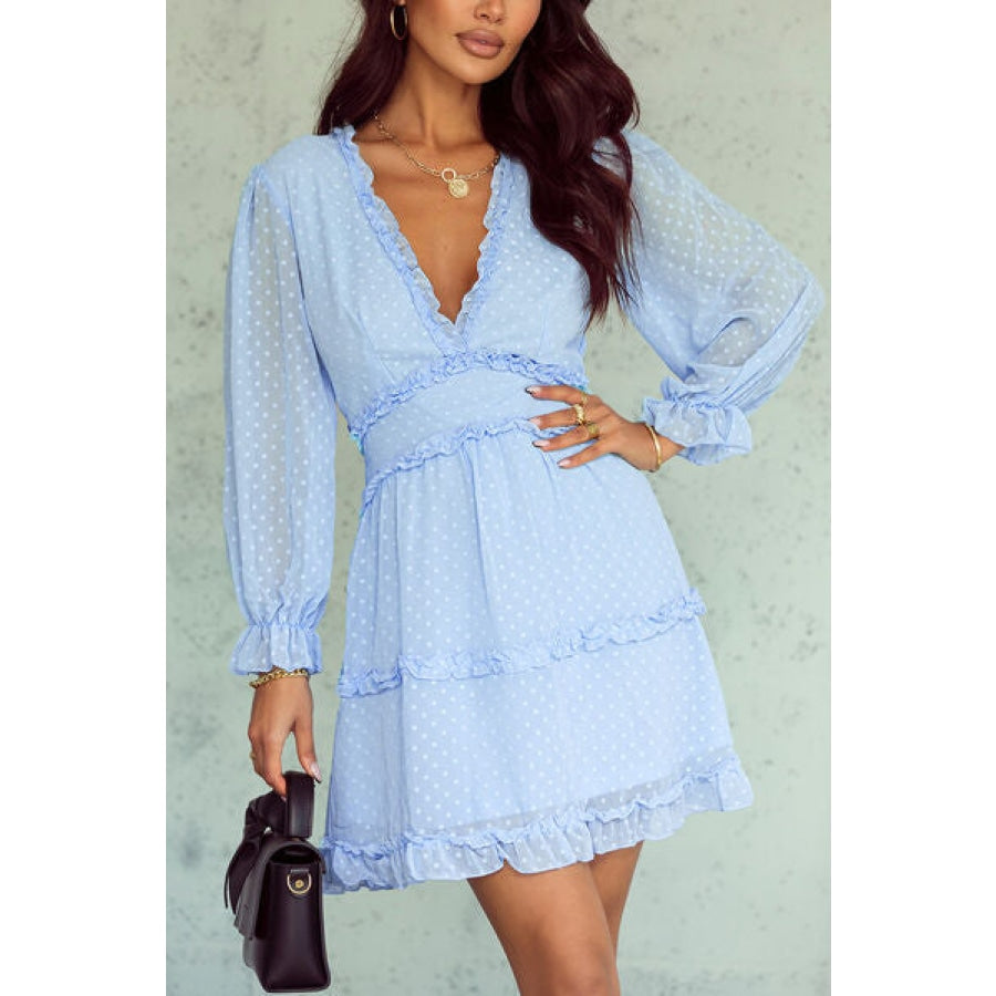 Swiss Dot Frill V-Neck Mini Dress Apparel and Accessories