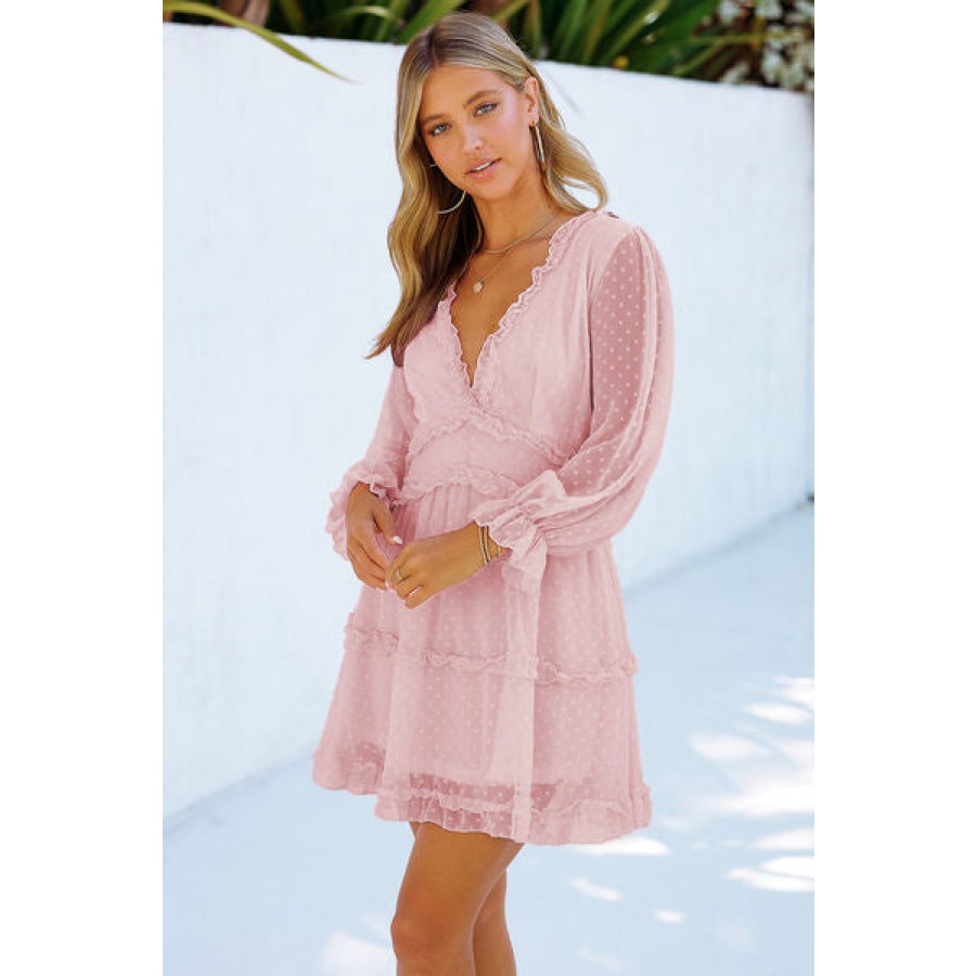 Swiss Dot Frill V-Neck Mini Dress Blush Pink / S Apparel and Accessories