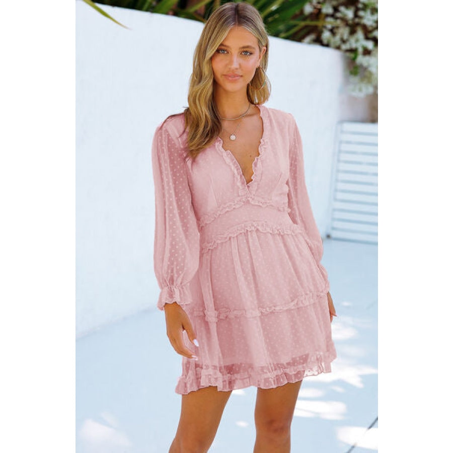 Swiss Dot Frill V-Neck Mini Dress Blush Pink / S Apparel and Accessories