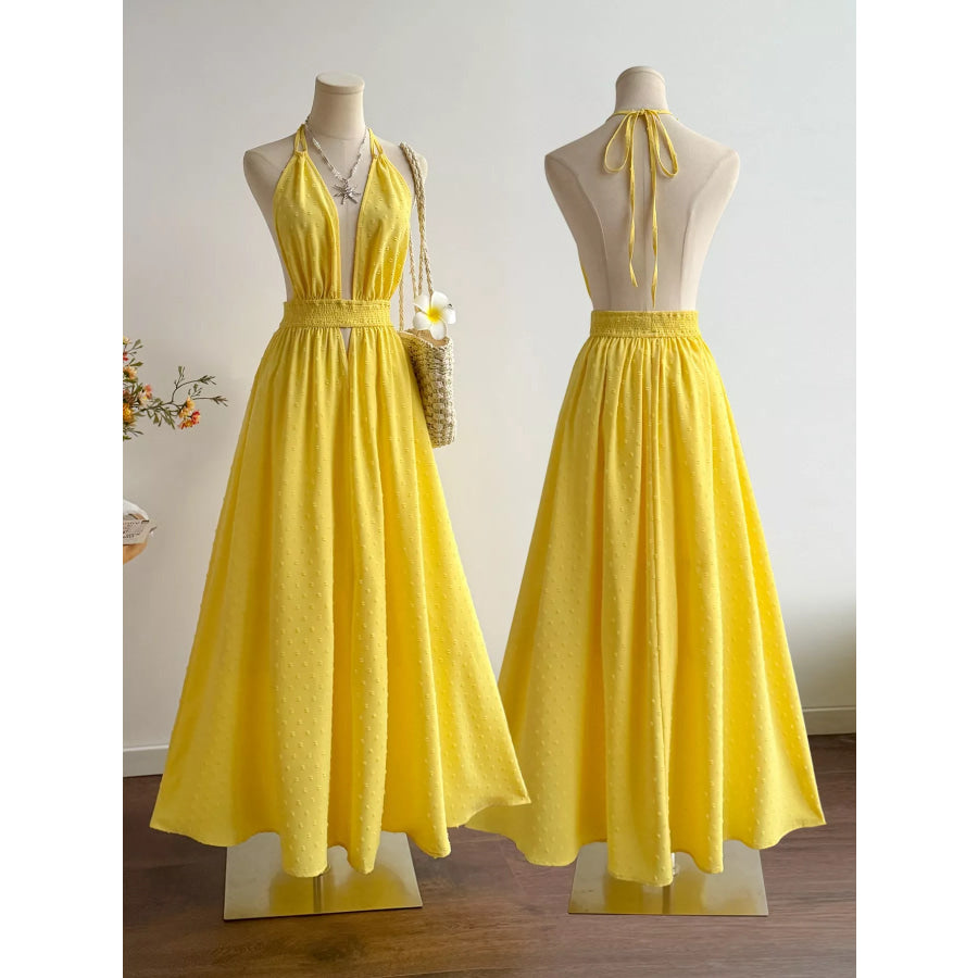 Swiss Dot Halter Neck Dress Yellow / S Apparel and Accessories