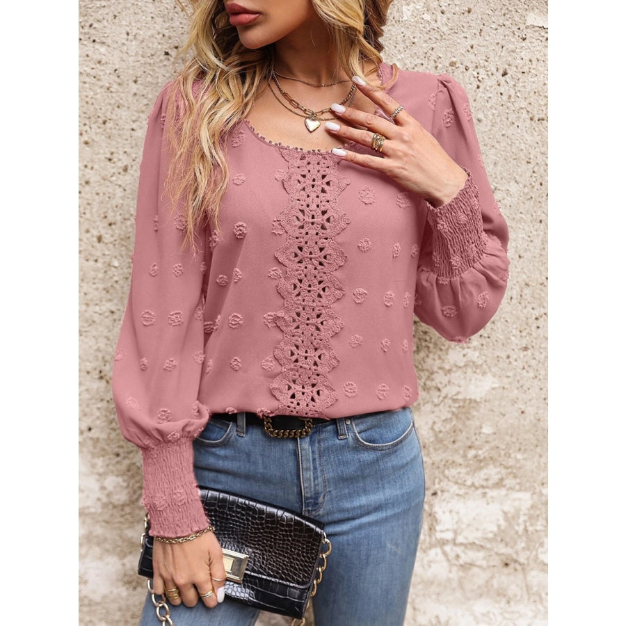 Swiss Dot Lace Detail Blouse Peach / S