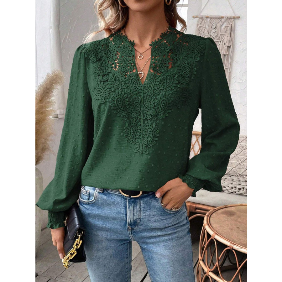 Swiss Dot Lace Detail Notched Long Sleeve Blouse Apparel and Accessories