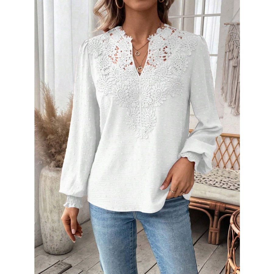 Swiss Dot Lace Detail Notched Long Sleeve Blouse Apparel and Accessories