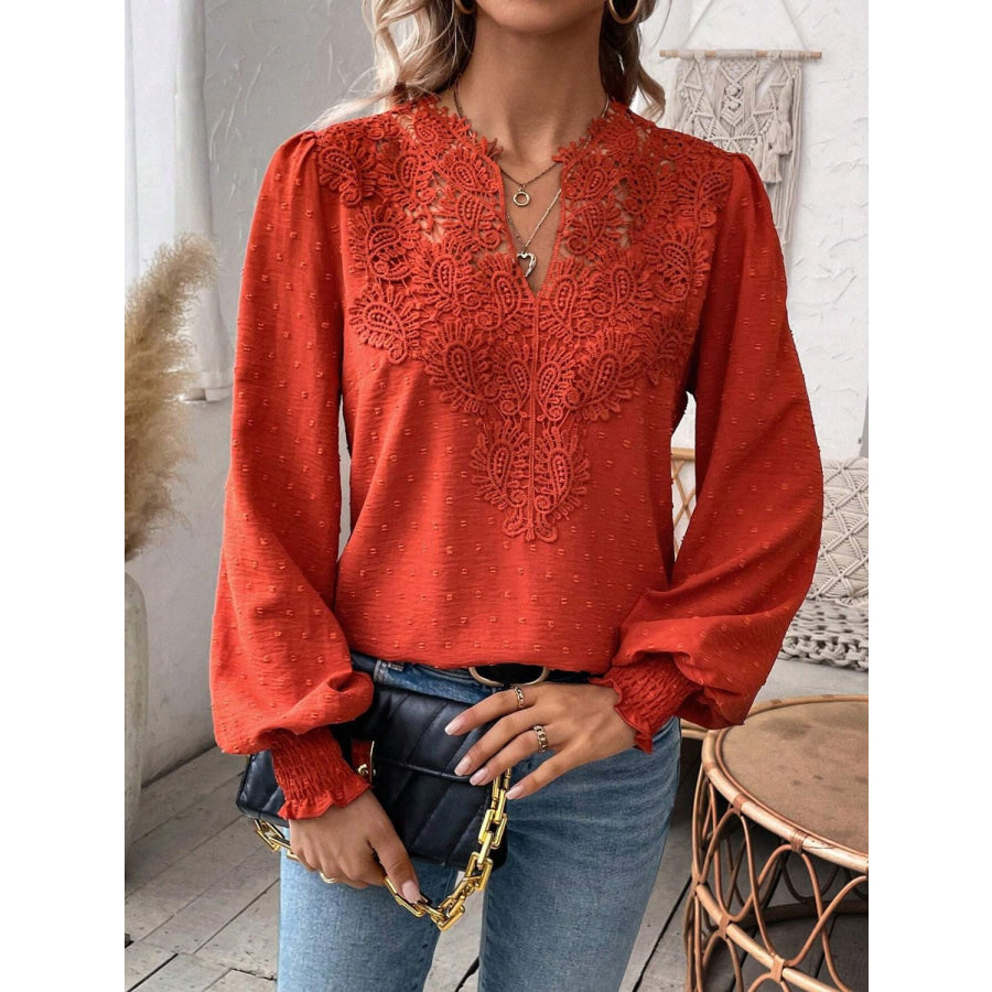 Swiss Dot Lace Detail Notched Long Sleeve Blouse Apparel and Accessories