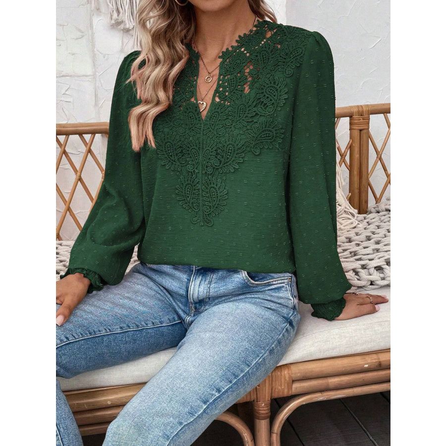 Swiss Dot Lace Detail Notched Long Sleeve Blouse Apparel and Accessories