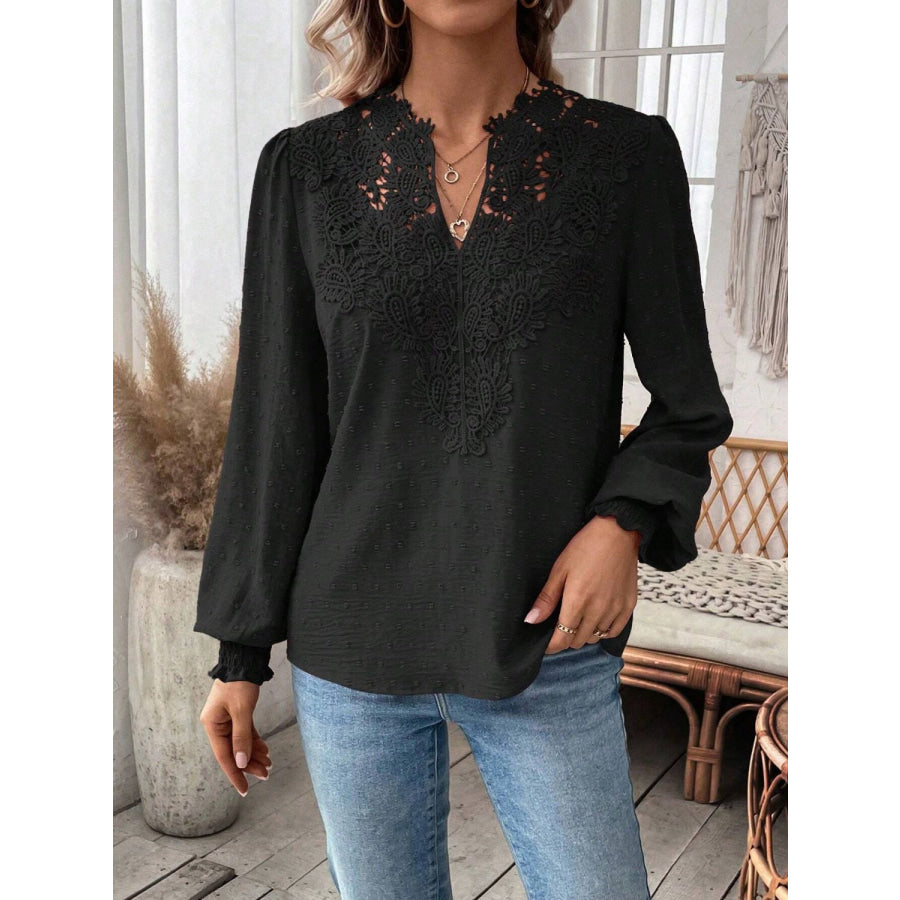 Swiss Dot Lace Detail Notched Long Sleeve Blouse Apparel and Accessories