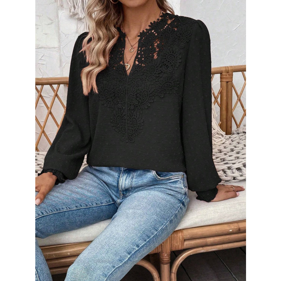 Swiss Dot Lace Detail Notched Long Sleeve Blouse Apparel and Accessories