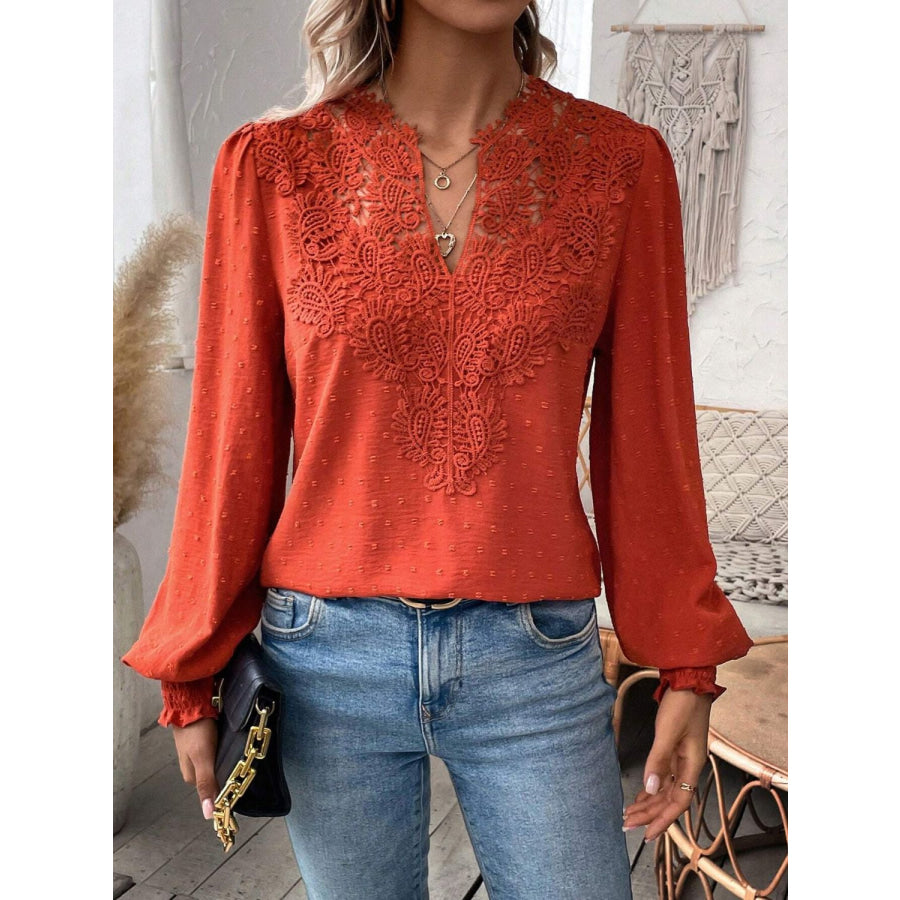 Swiss Dot Lace Detail Notched Long Sleeve Blouse Apparel and Accessories