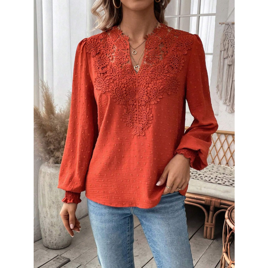 Swiss Dot Lace Detail Notched Long Sleeve Blouse Apparel and Accessories