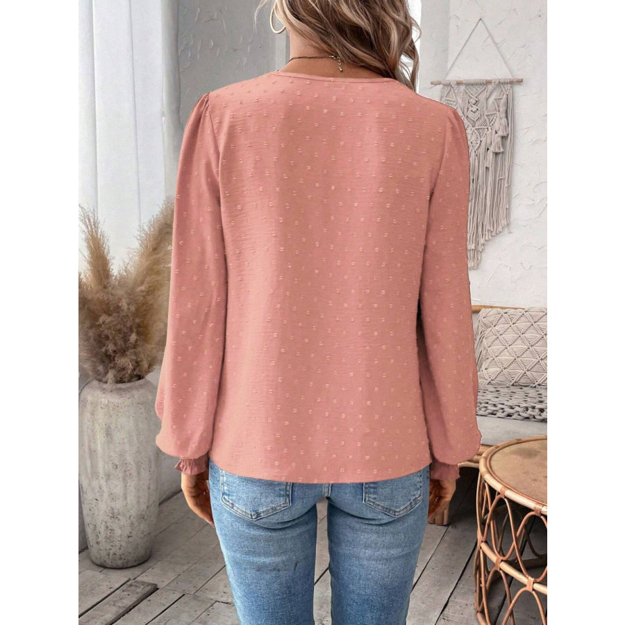 Swiss Dot Lace Detail Notched Long Sleeve Blouse Apparel and Accessories