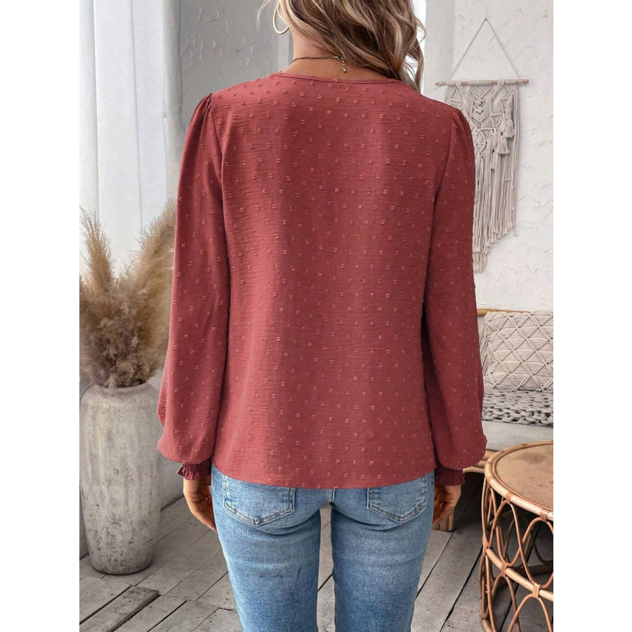 Swiss Dot Lace Detail Notched Long Sleeve Blouse Apparel and Accessories
