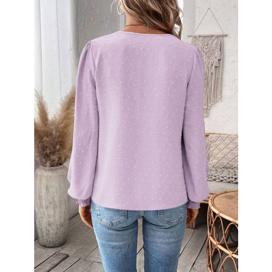 Swiss Dot Lace Detail Notched Long Sleeve Blouse Apparel and Accessories