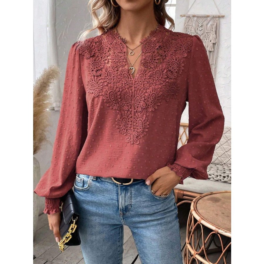 Swiss Dot Lace Detail Notched Long Sleeve Blouse Apparel and Accessories