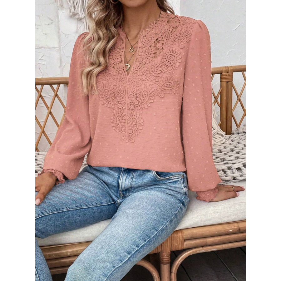 Swiss Dot Lace Detail Notched Long Sleeve Blouse Apparel and Accessories