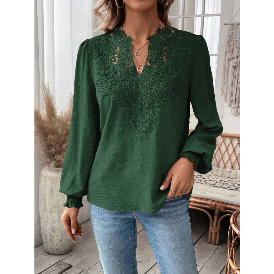 Swiss Dot Lace Detail Notched Long Sleeve Blouse Apparel and Accessories