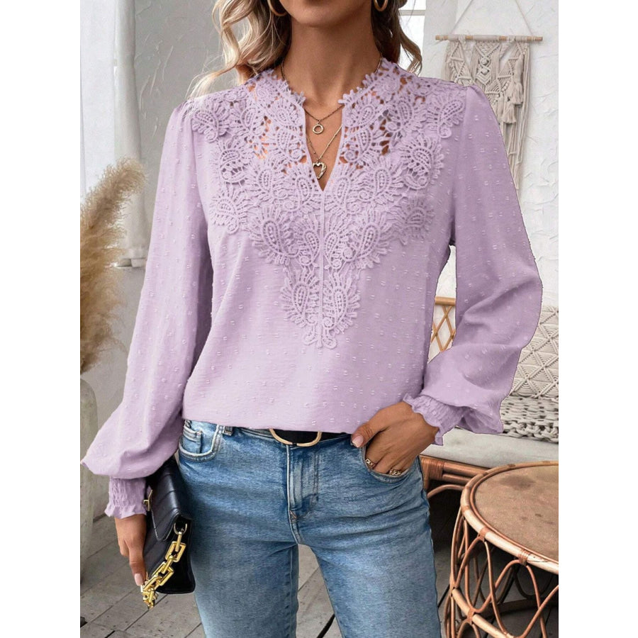 Swiss Dot Lace Detail Notched Long Sleeve Blouse Apparel and Accessories