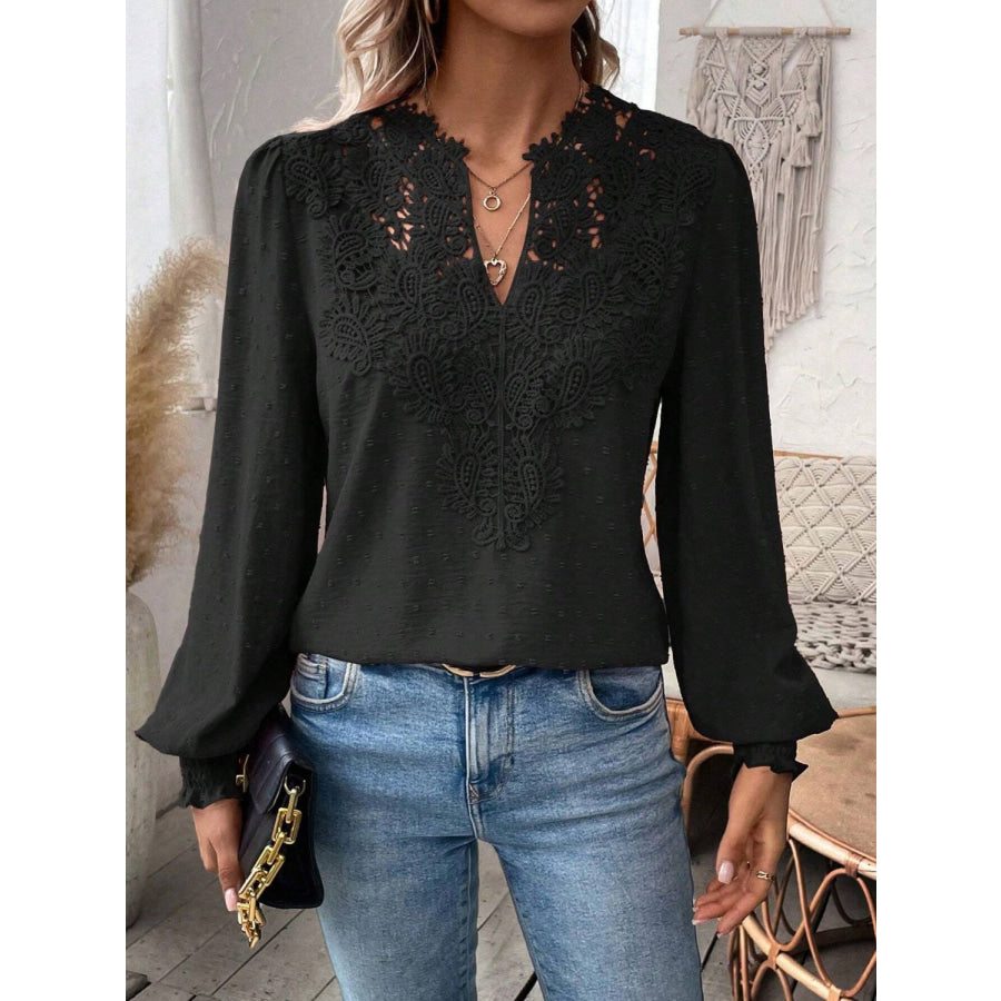 Swiss Dot Lace Detail Notched Long Sleeve Blouse Apparel and Accessories