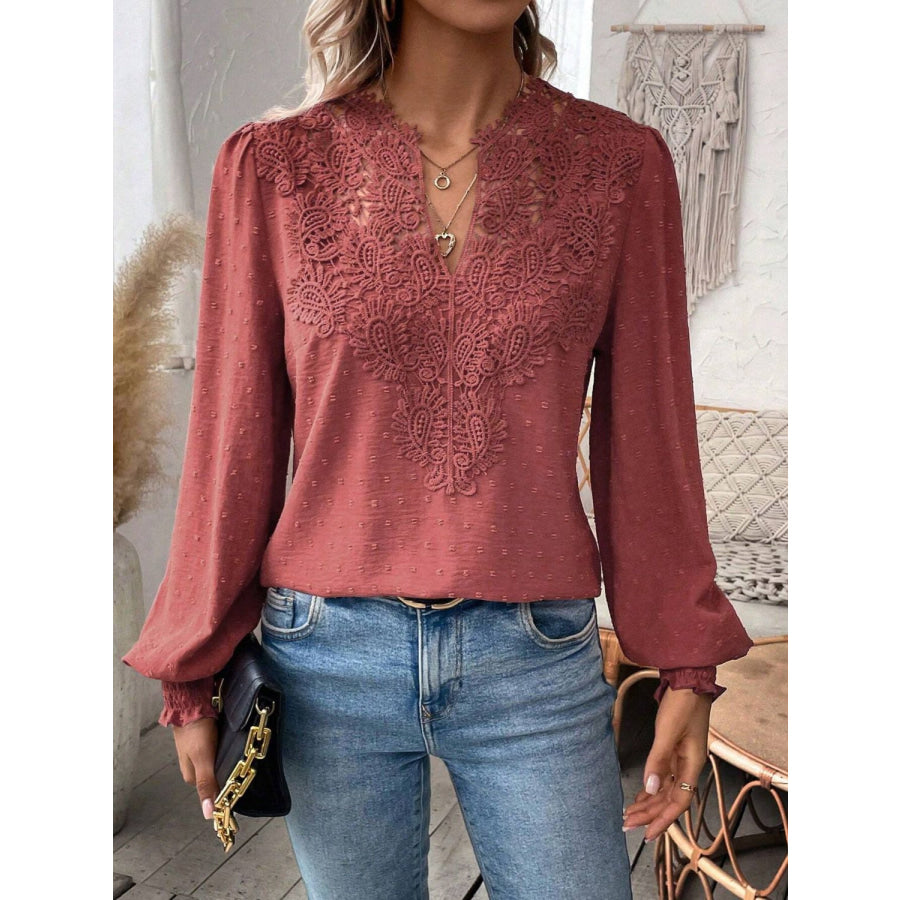 Swiss Dot Lace Detail Notched Long Sleeve Blouse Apparel and Accessories