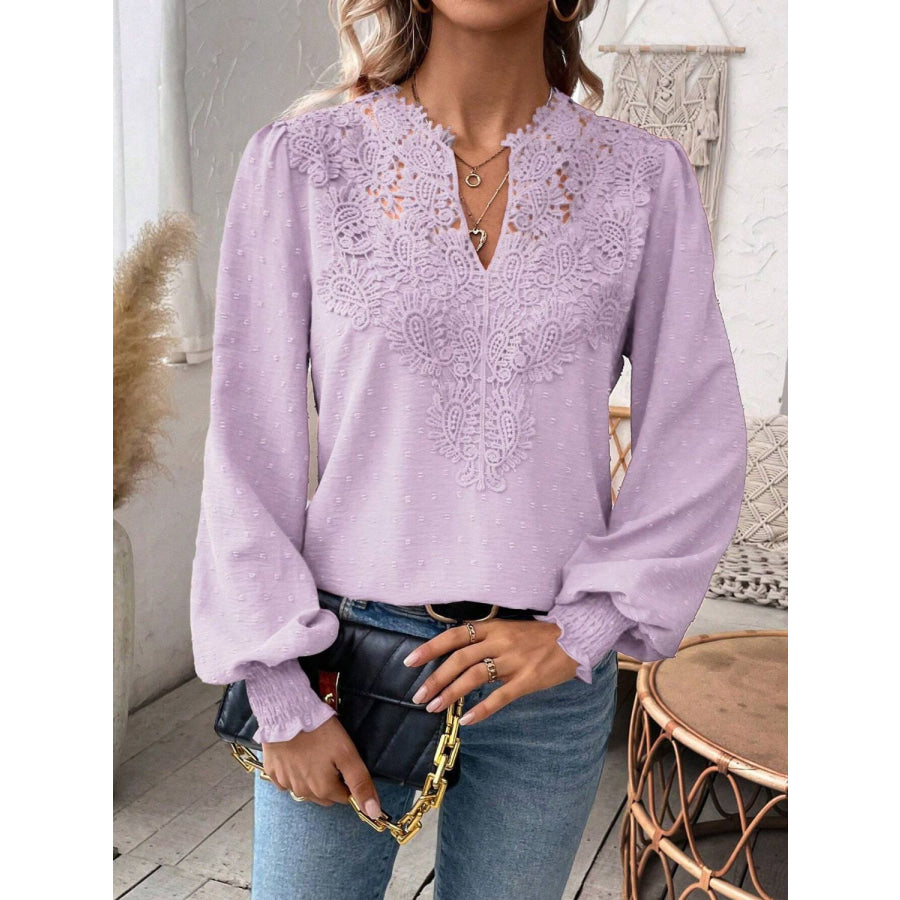 Swiss Dot Lace Detail Notched Long Sleeve Blouse Apparel and Accessories