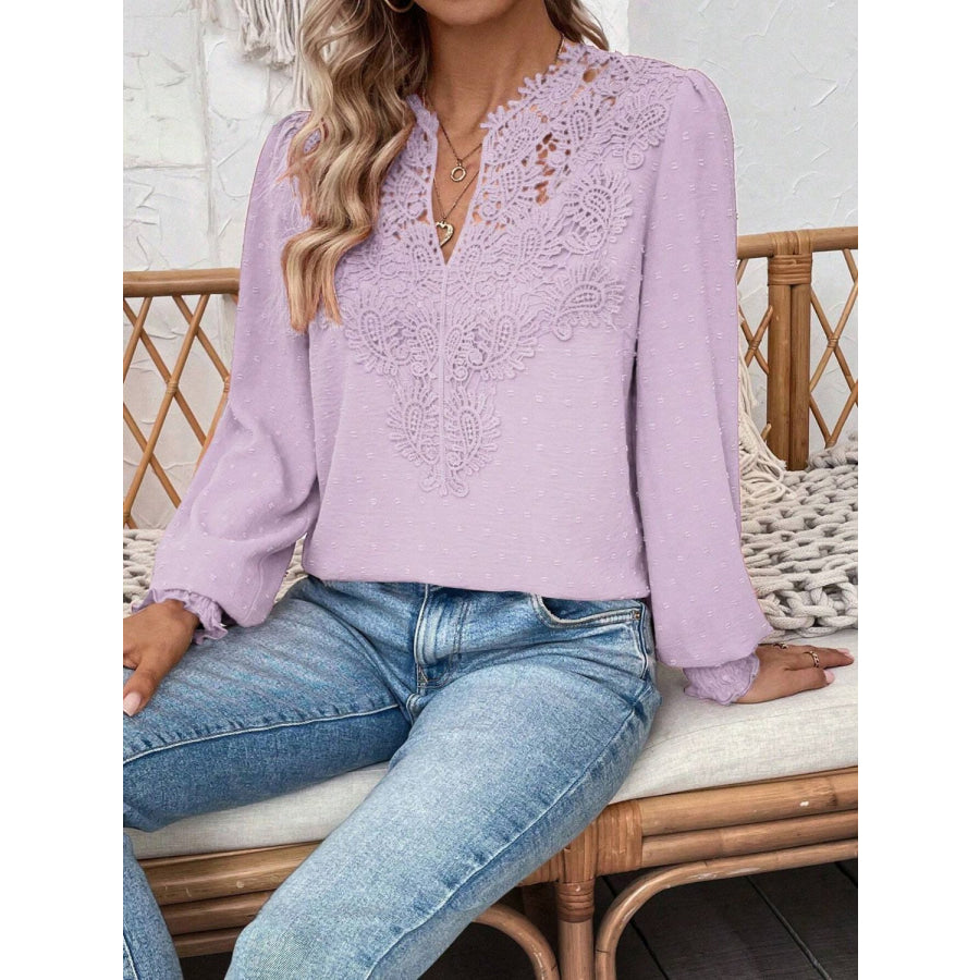 Swiss Dot Lace Detail Notched Long Sleeve Blouse Apparel and Accessories