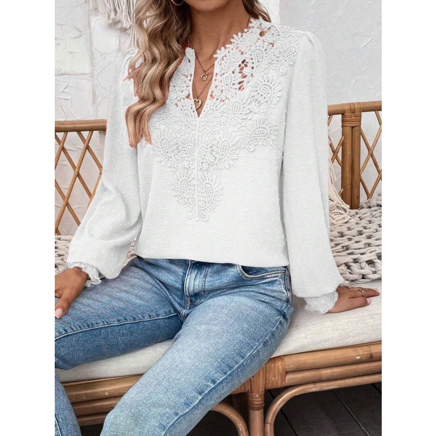 Swiss Dot Lace Detail Notched Long Sleeve Blouse Apparel and Accessories