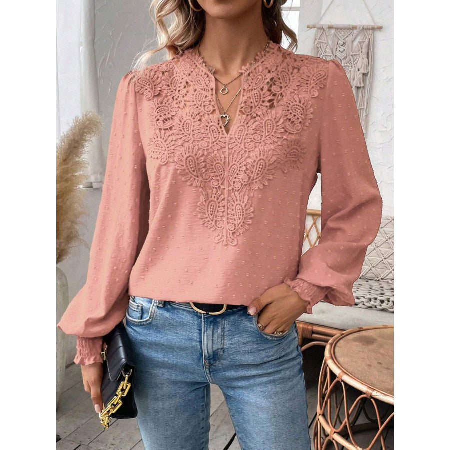 Swiss Dot Lace Detail Notched Long Sleeve Blouse Apparel and Accessories