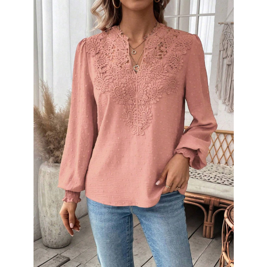 Swiss Dot Lace Detail Notched Long Sleeve Blouse Apparel and Accessories