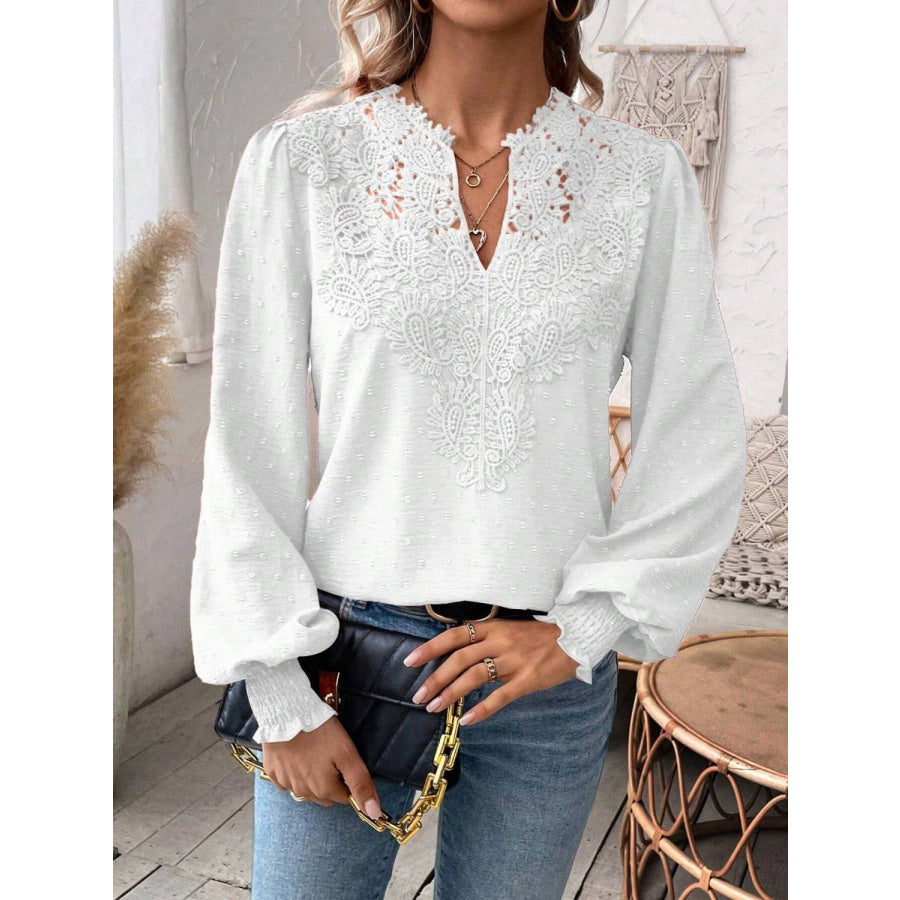 Swiss Dot Lace Detail Notched Long Sleeve Blouse Apparel and Accessories