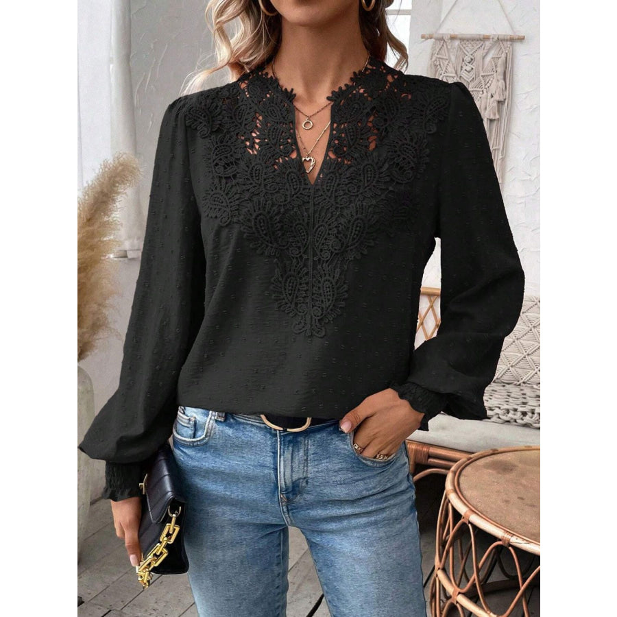 Swiss Dot Lace Detail Notched Long Sleeve Blouse Black / S Apparel and Accessories