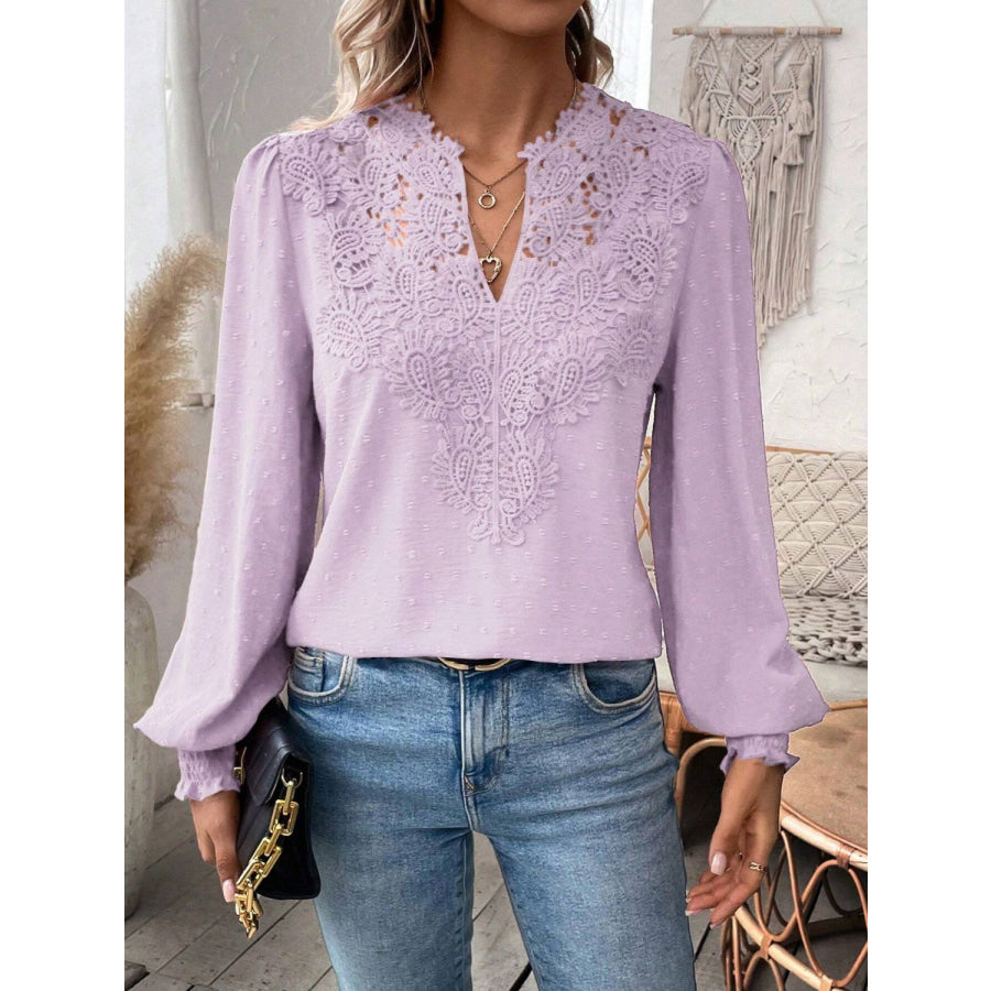 Swiss Dot Lace Detail Notched Long Sleeve Blouse Pink Purple / S Apparel and Accessories