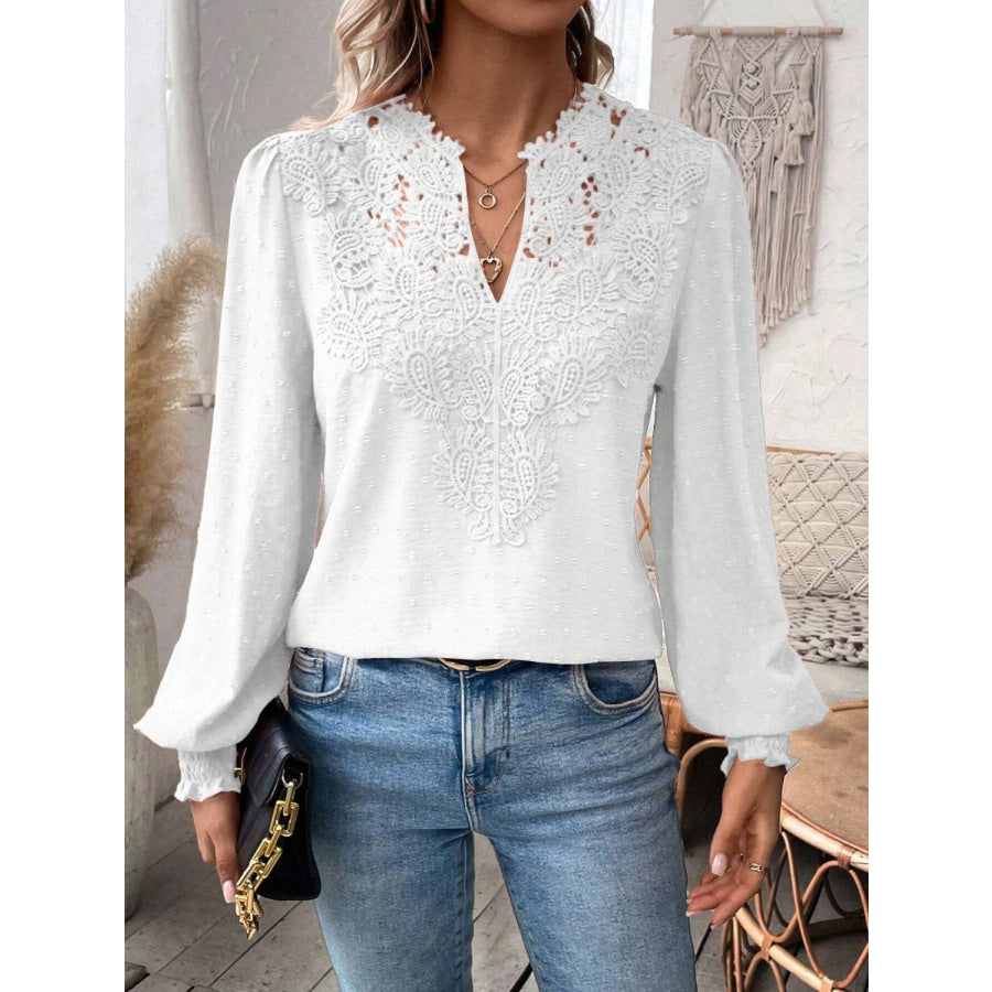 Swiss Dot Lace Detail Notched Long Sleeve Blouse White / S Apparel and Accessories