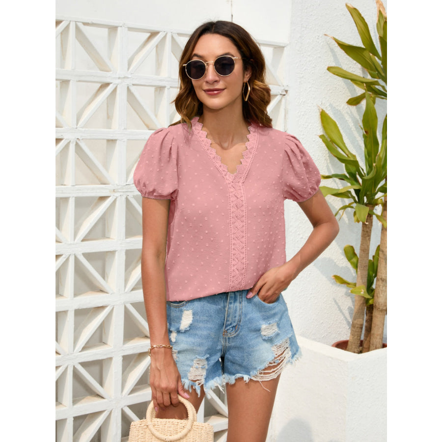 Swiss Dot Lace Detail V - Neck Blouse Apparel and Accessories